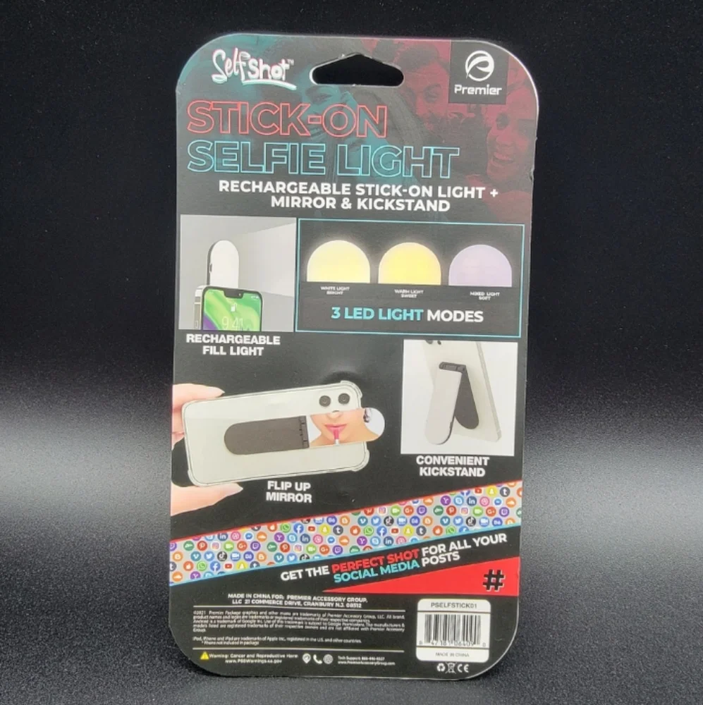 Stick On Selfie Light with Mirror & Kickstand Rechargeable 3 Led Light Modes New